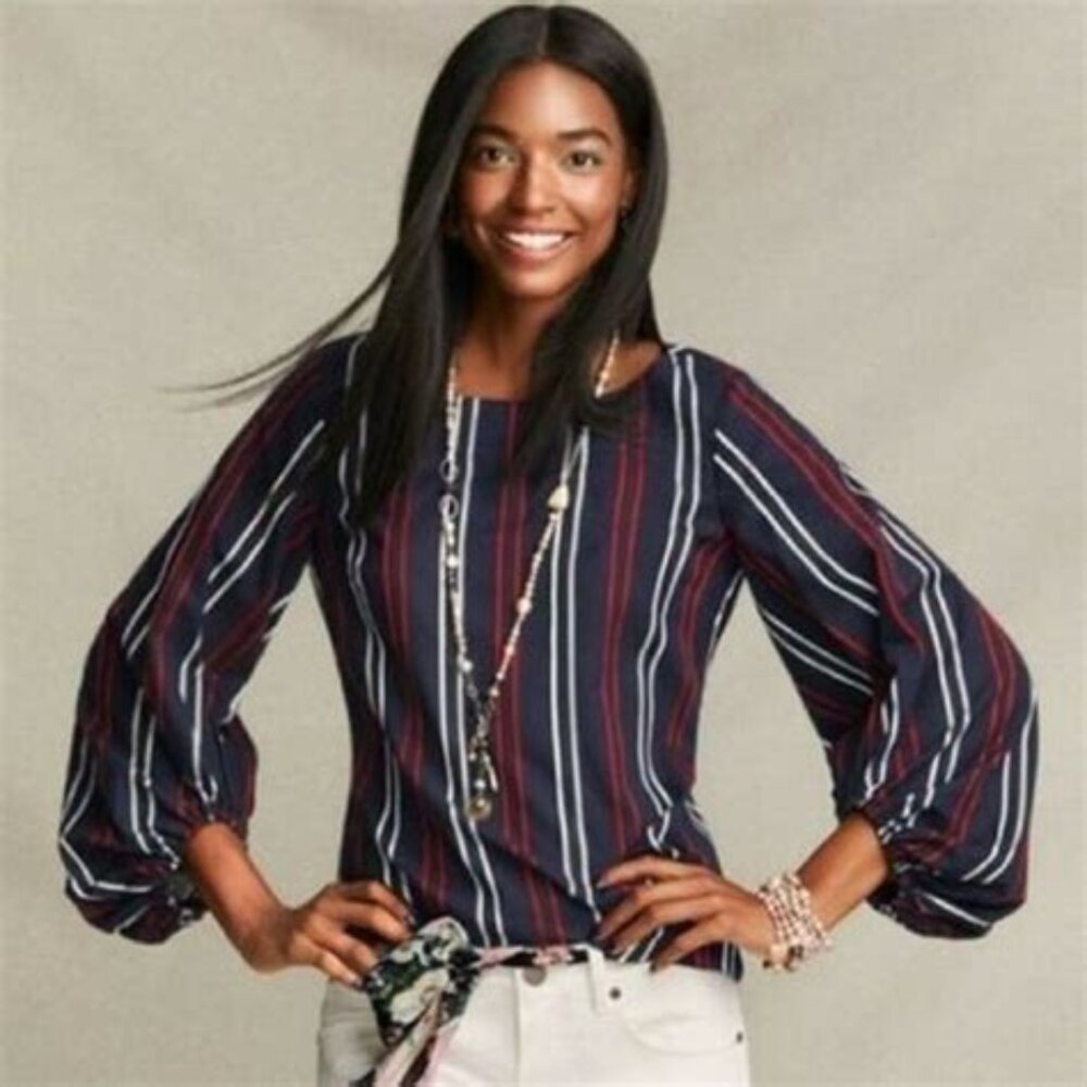 CAbi Navy Red White Striped Puff Sleeve Blouse Work Top Size XS